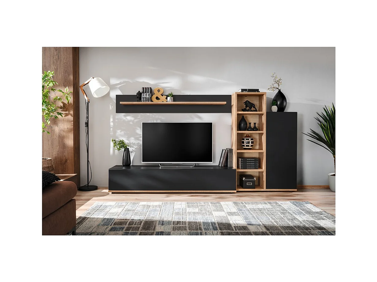 Composición mural RHYS – Mueble para TV, columnas y estanterías – Roble Ribbeck y negro mate