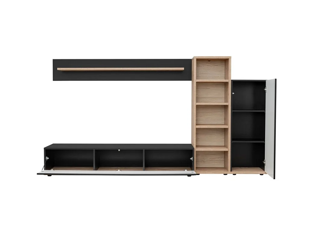 Composición mural RHYS – Mueble para TV, columnas y estanterías – Roble Ribbeck y negro mate