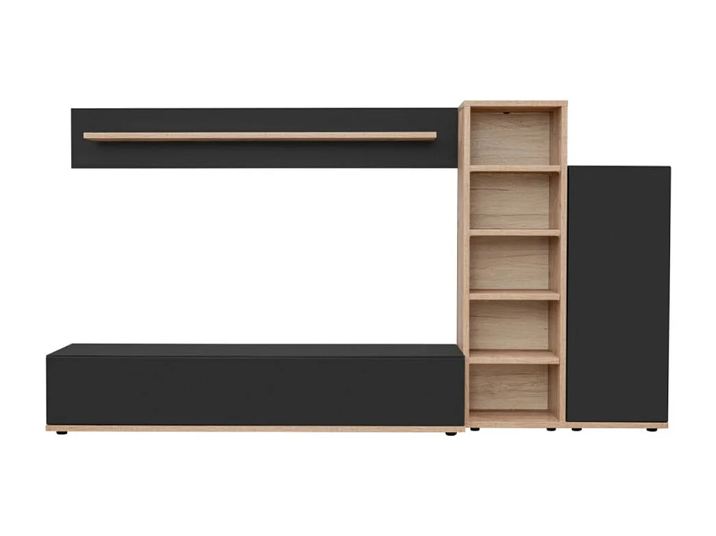 Composición mural RHYS – Mueble para TV, columnas y estanterías – Roble Ribbeck y negro mate