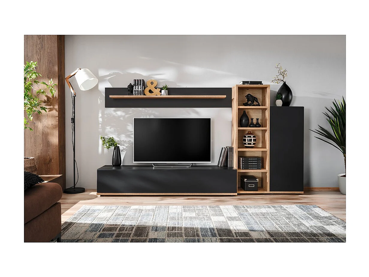 Composición mural RHYS – Mueble para TV, columnas y estanterías – Roble Ribbeck y negro mate