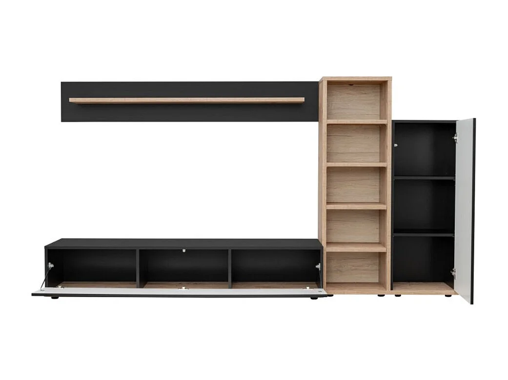 Composición mural RHYS – Mueble para TV, columnas y estanterías – Roble Ribbeck y negro mate
