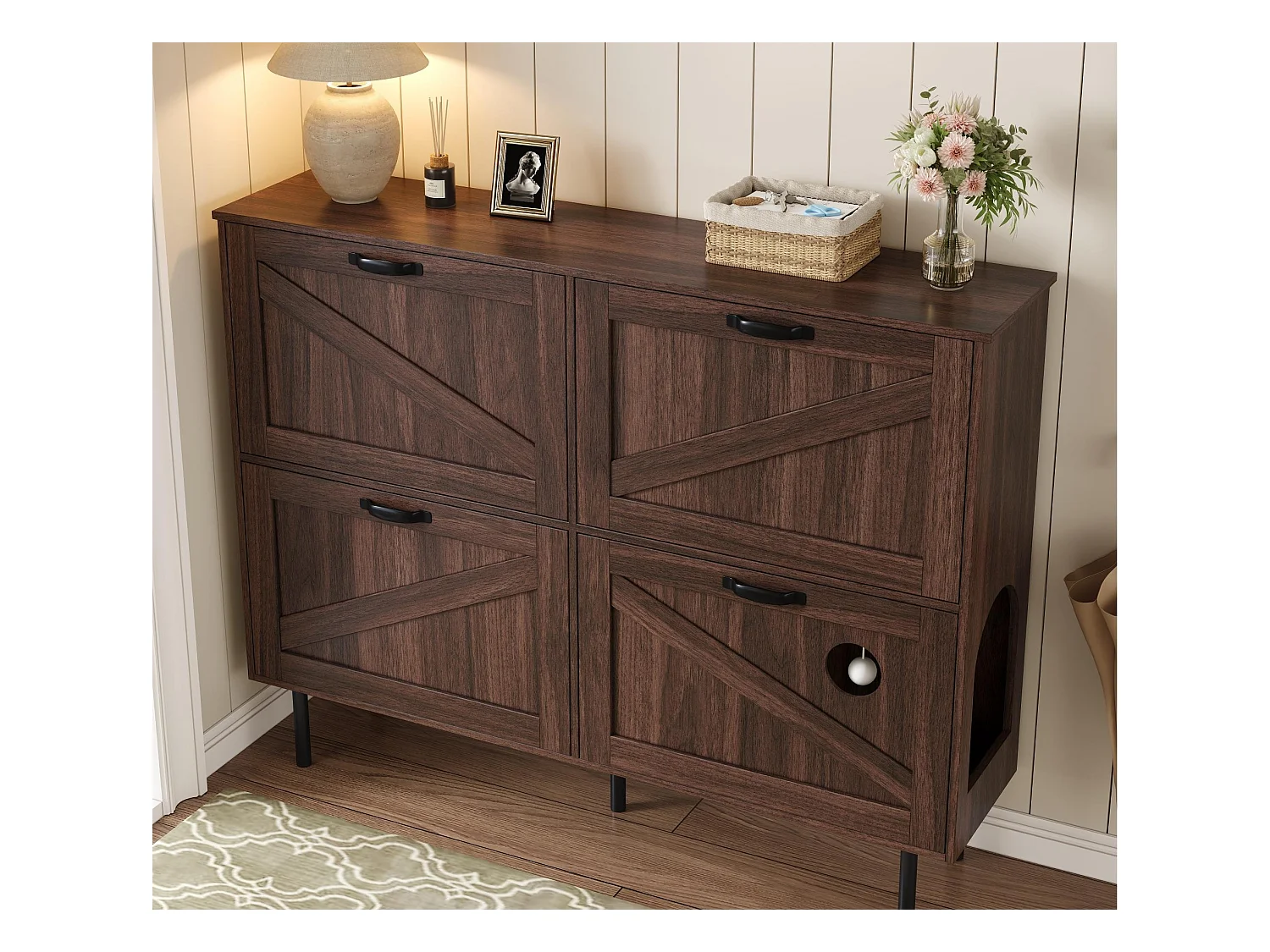 Meuble à chaussures 120x28x92cm - 4 portes - avec 3 portes abattantes - avec balle jouet - marron