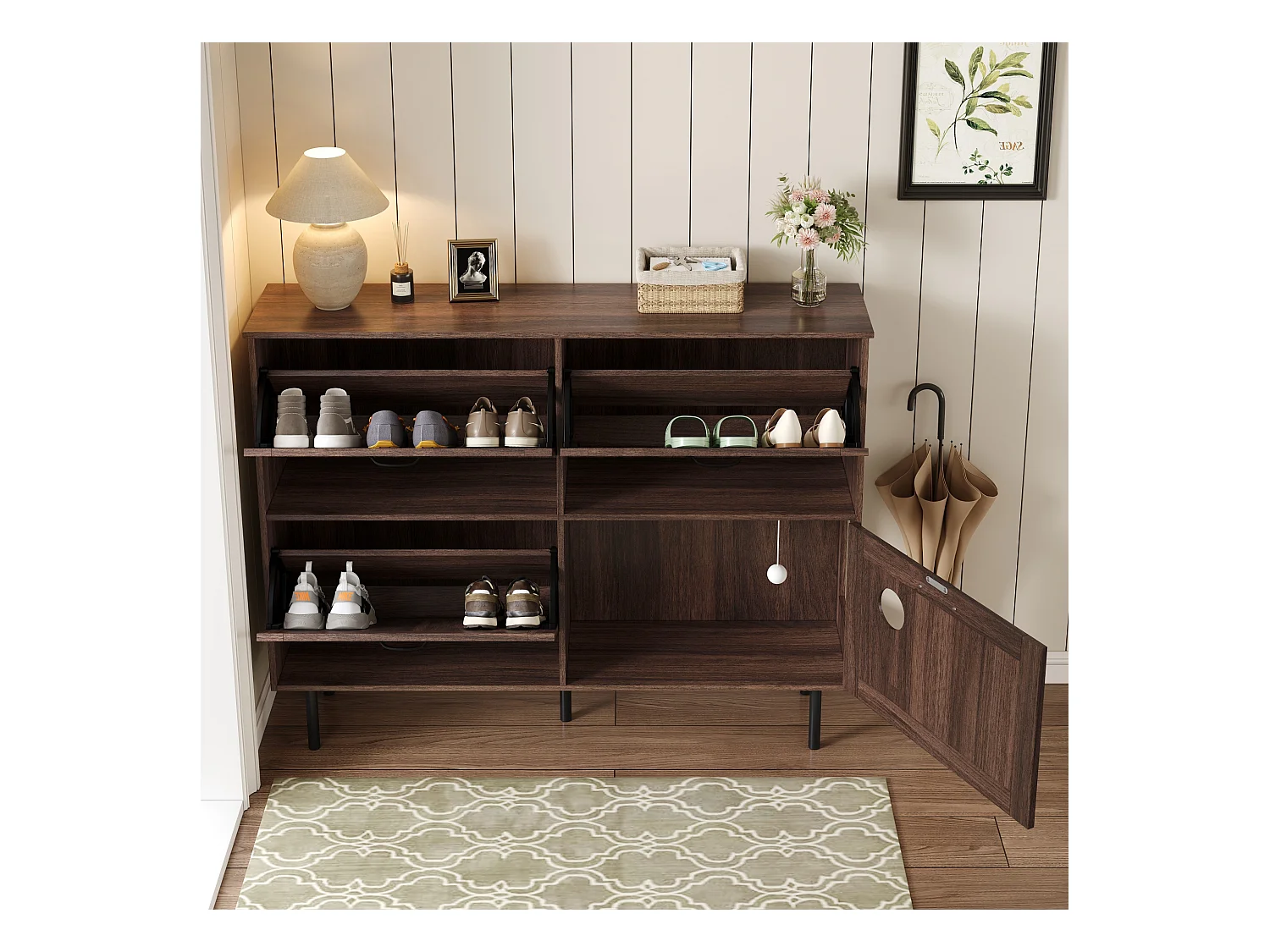 Meuble à chaussures 120x28x92cm - 4 portes - avec 3 portes abattantes - avec balle jouet - marron