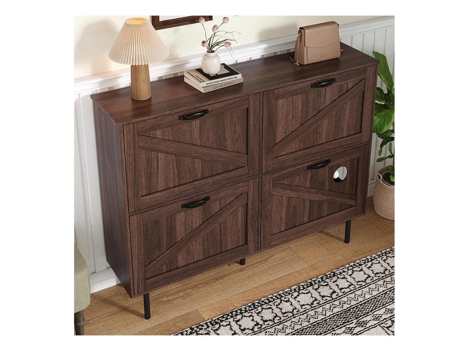 Meuble à chaussures 120x28x92cm - 4 portes - avec 3 portes abattantes - avec balle jouet - marron