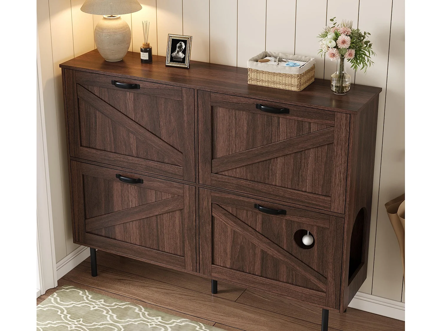 Schuhschrank 120×28×92 cm - 4 Türen (3 Klapptüren) - mit Spielball - braun