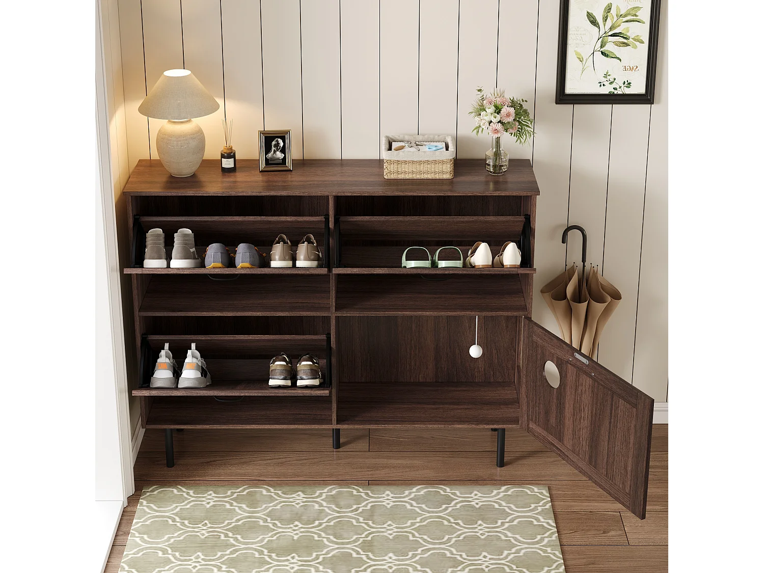 Schuhschrank 120×28×92 cm - 4 Türen (3 Klapptüren) - mit Spielball - braun