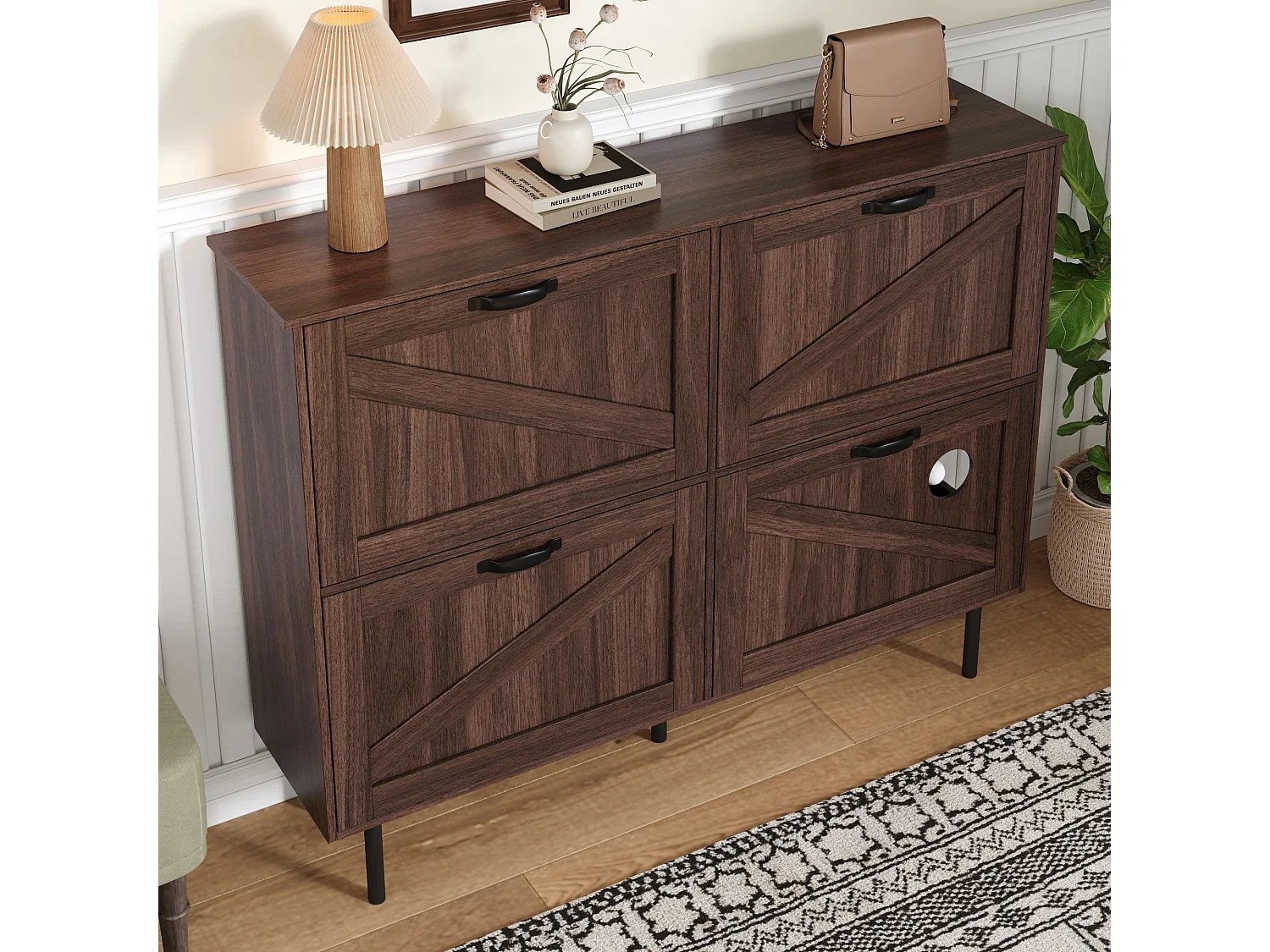 Schuhschrank 120×28×92 cm - 4 Türen (3 Klapptüren) - mit Spielball - braun