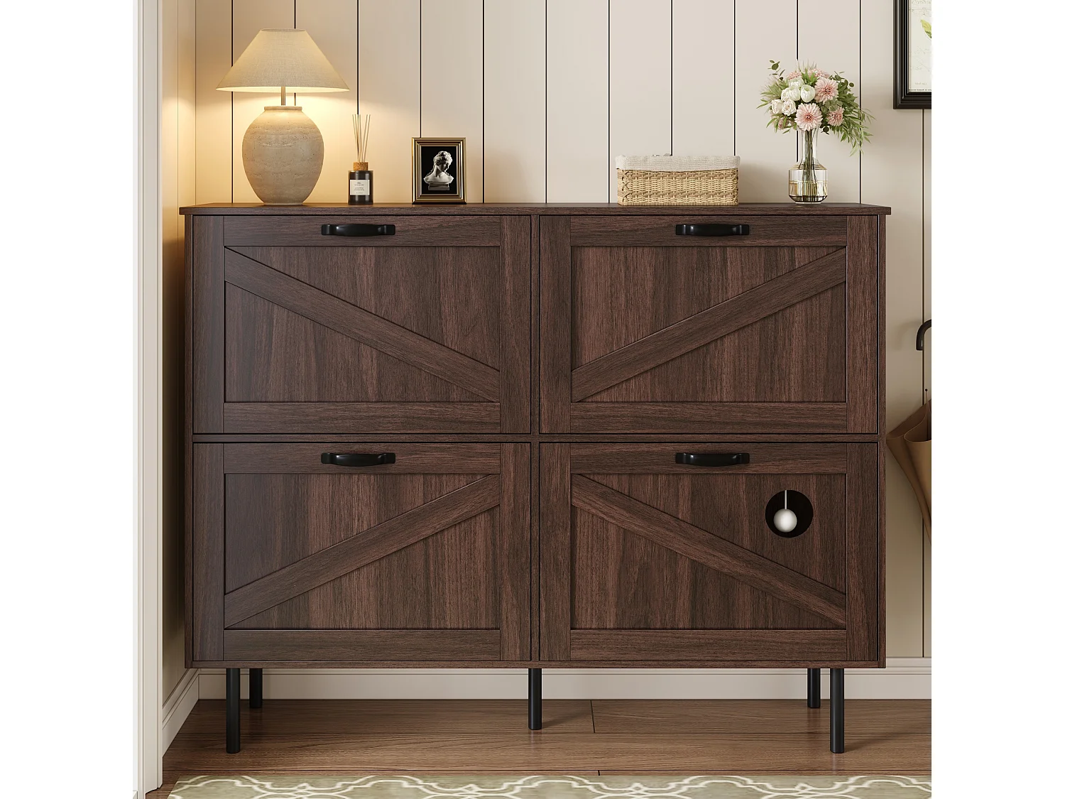 Schuhschrank 120×28×92 cm - 4 Türen (3 Klapptüren) - mit Spielball - braun