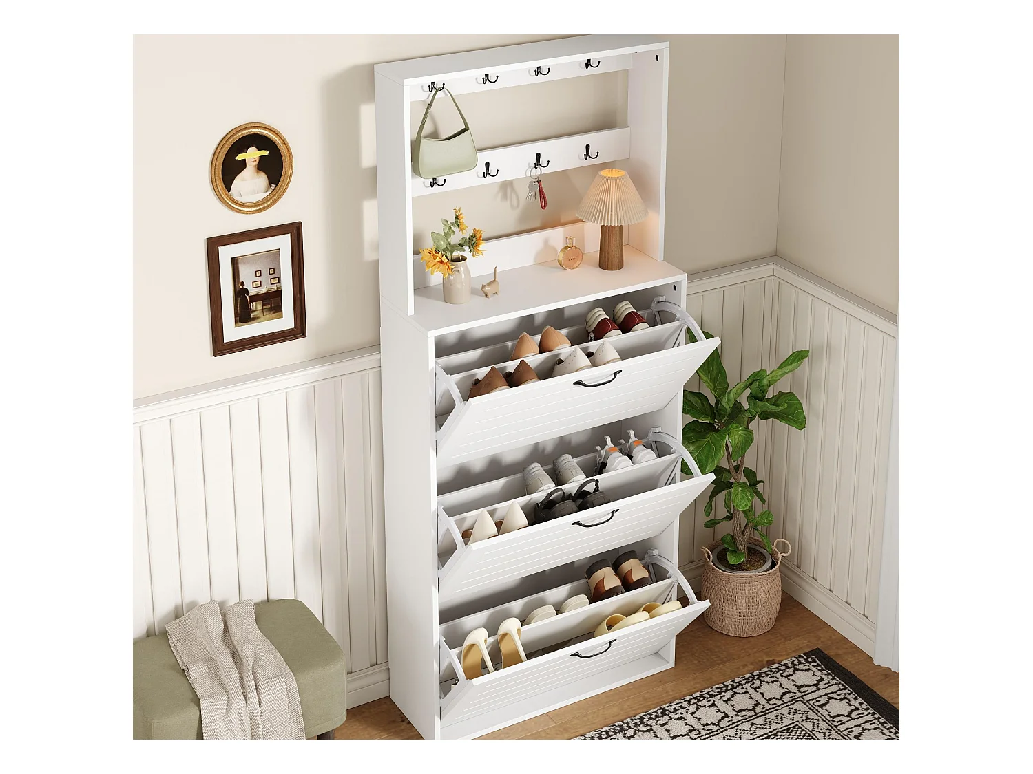 Meuble à chaussures 70x25x165cm - avec 8 crochets - avec 3 portes - panneaux de particules - blanc
