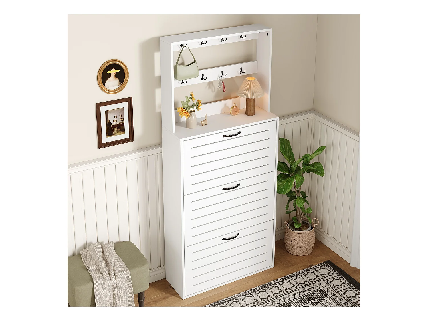 Meuble à chaussures 70x25x165cm - avec 8 crochets - avec 3 portes - panneaux de particules - blanc