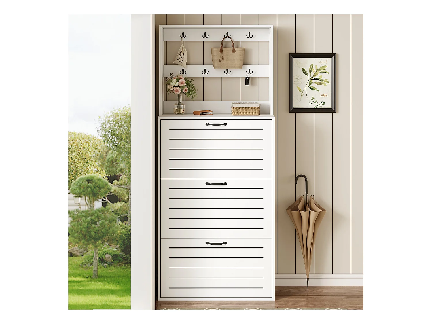 Meuble à chaussures 70x25x165cm - avec 8 crochets - avec 3 portes - panneaux de particules - blanc