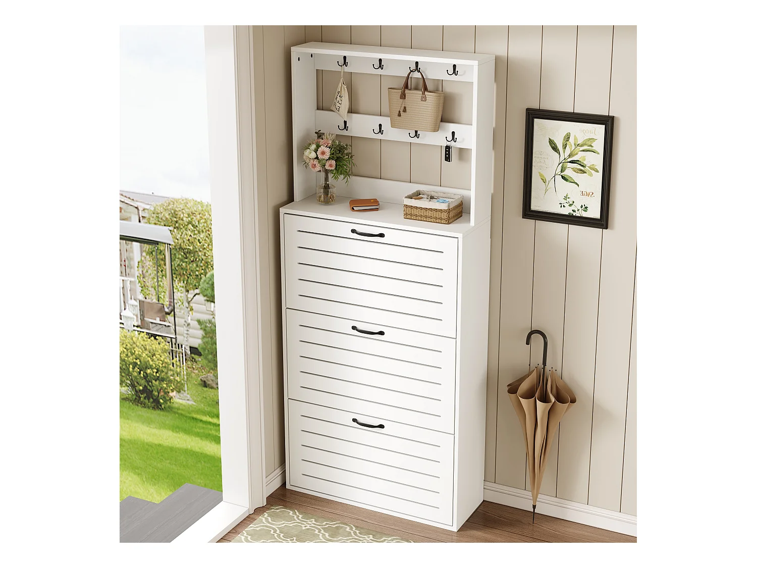 Meuble à chaussures 70x25x165cm - avec 8 crochets - avec 3 portes - panneaux de particules - blanc