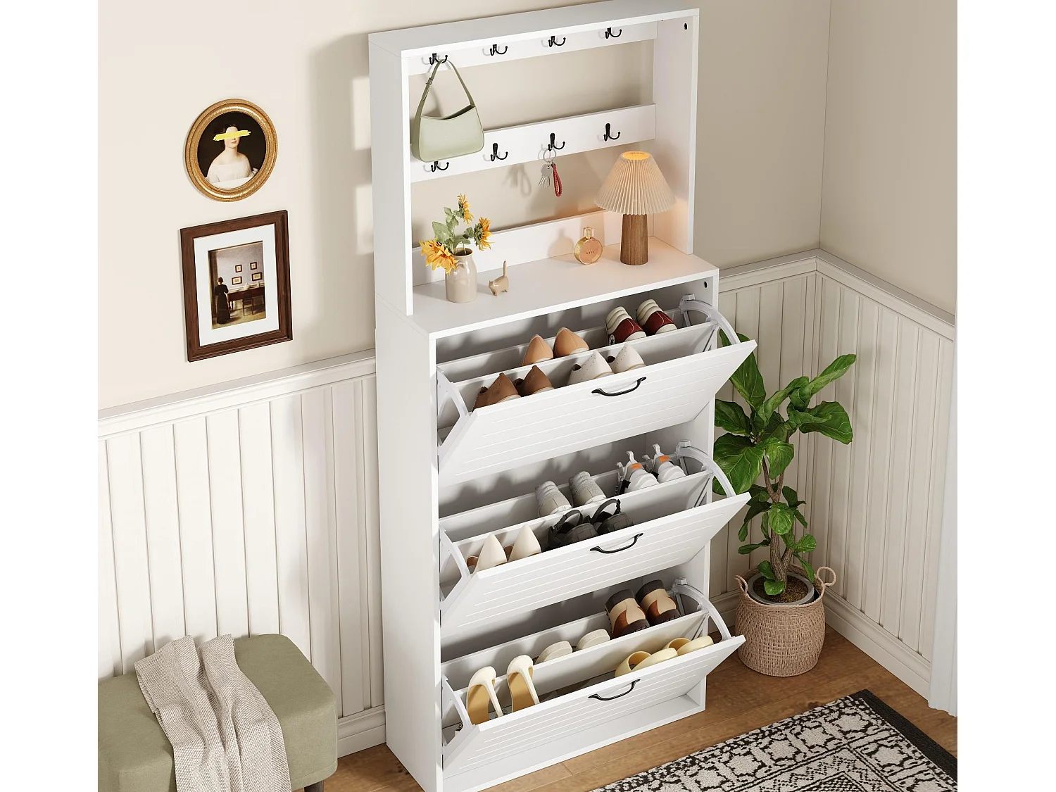 Schuhschrank 70×25×165 cm - mit 8 Haken - mit 3 Türen - Spanplatte - weiß