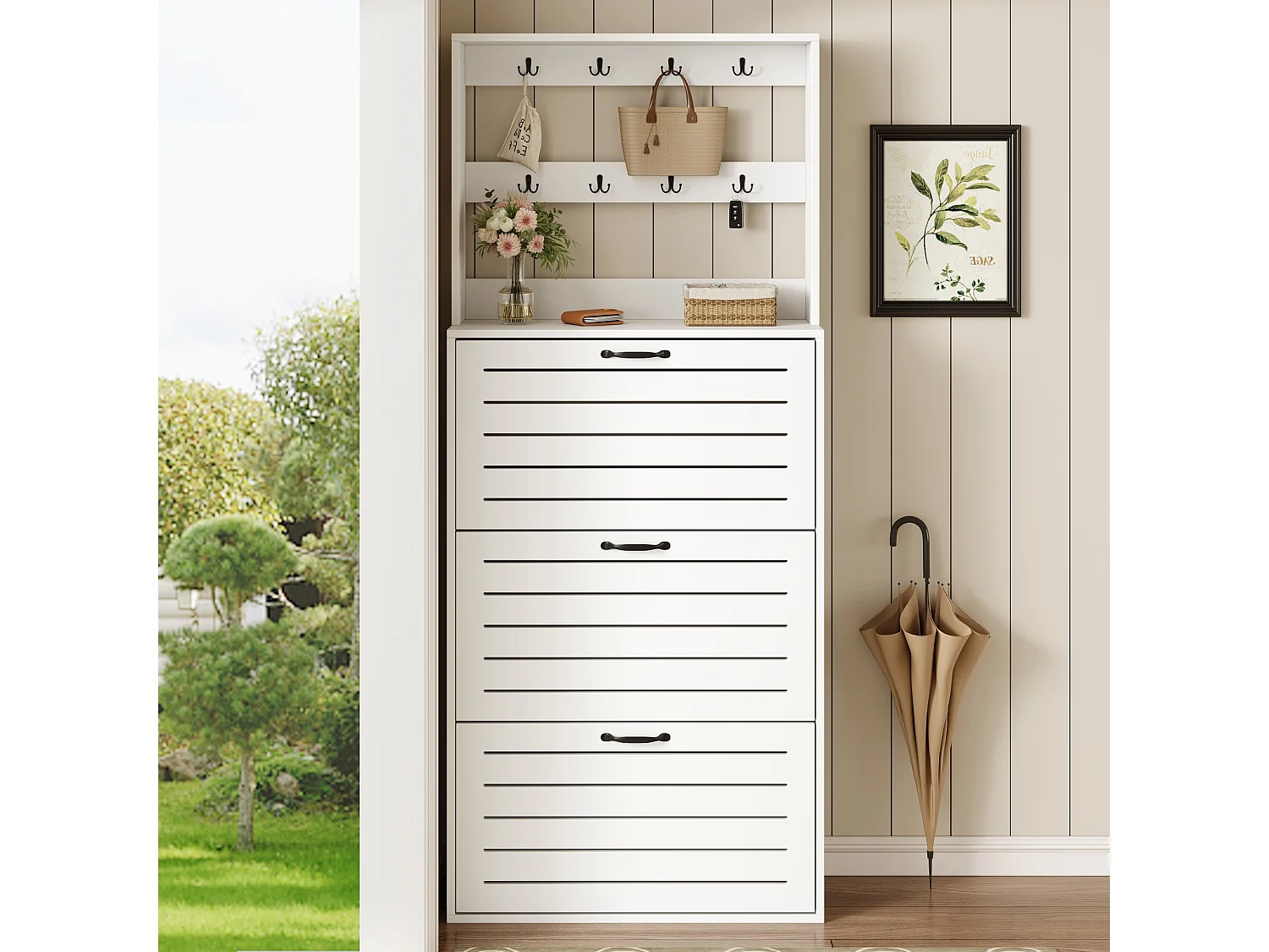 Schuhschrank 70×25×165 cm - mit 8 Haken - mit 3 Türen - Spanplatte - weiß