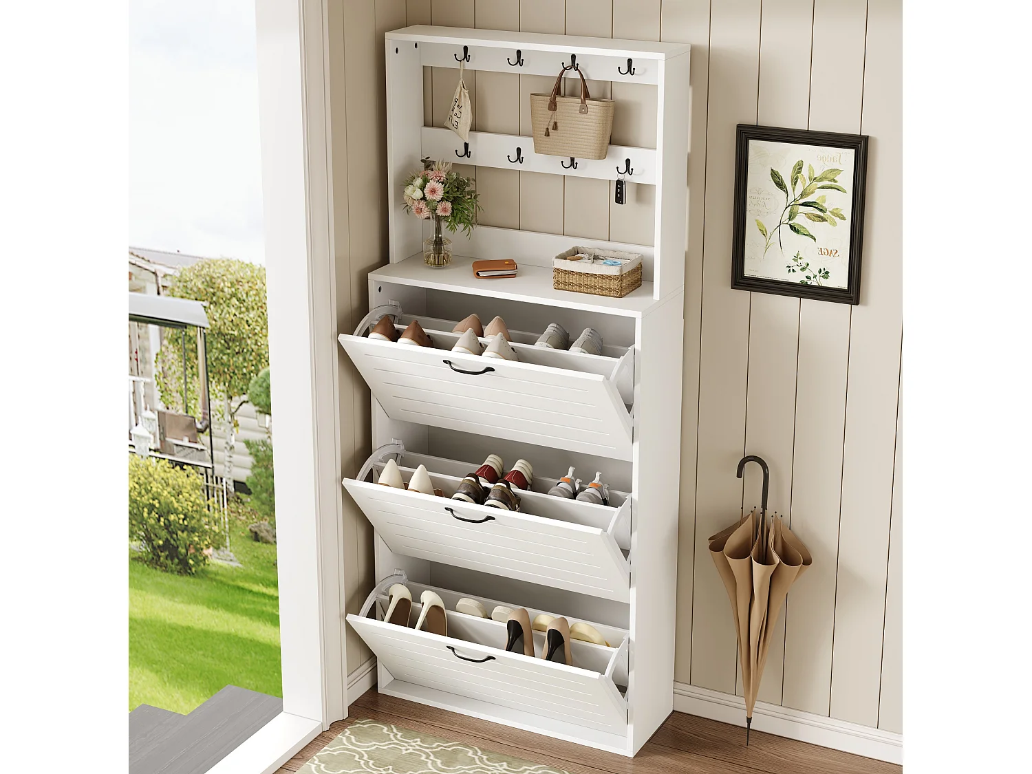 Schuhschrank 70×25×165 cm - mit 8 Haken - mit 3 Türen - Spanplatte - weiß