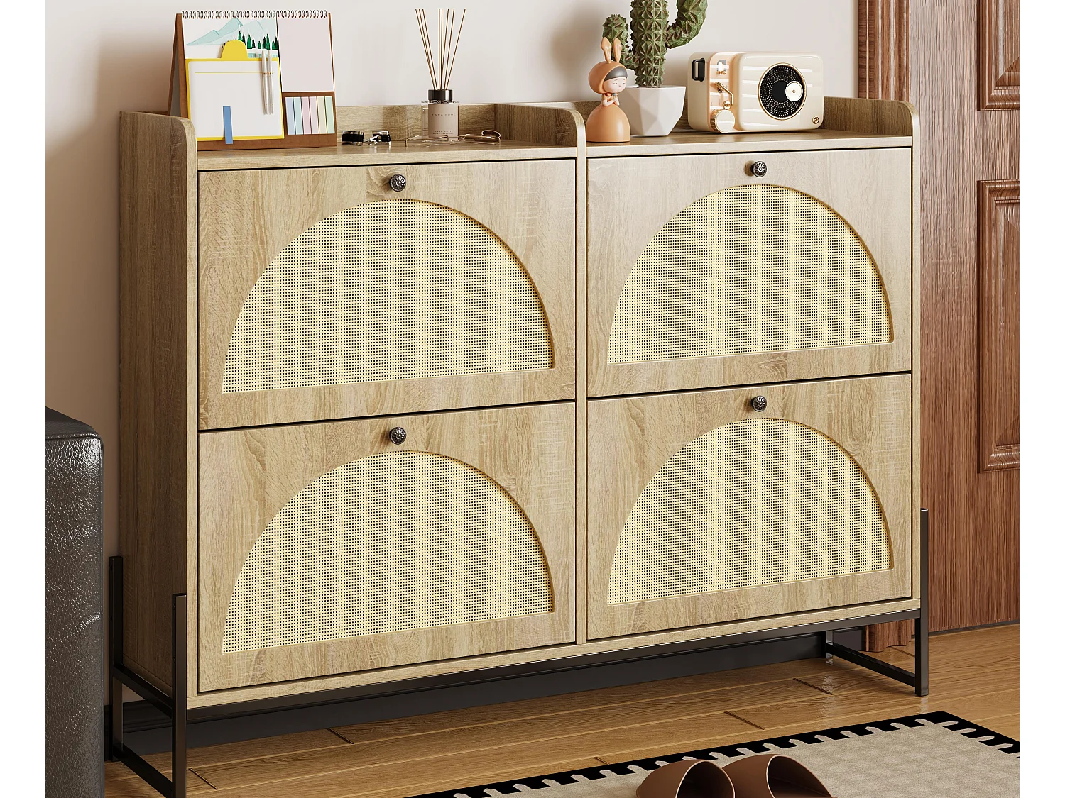 Schuhschrank 121×25×91,5 cm - mit 4 Rattan-Klapptüren - Spanplatte - natur