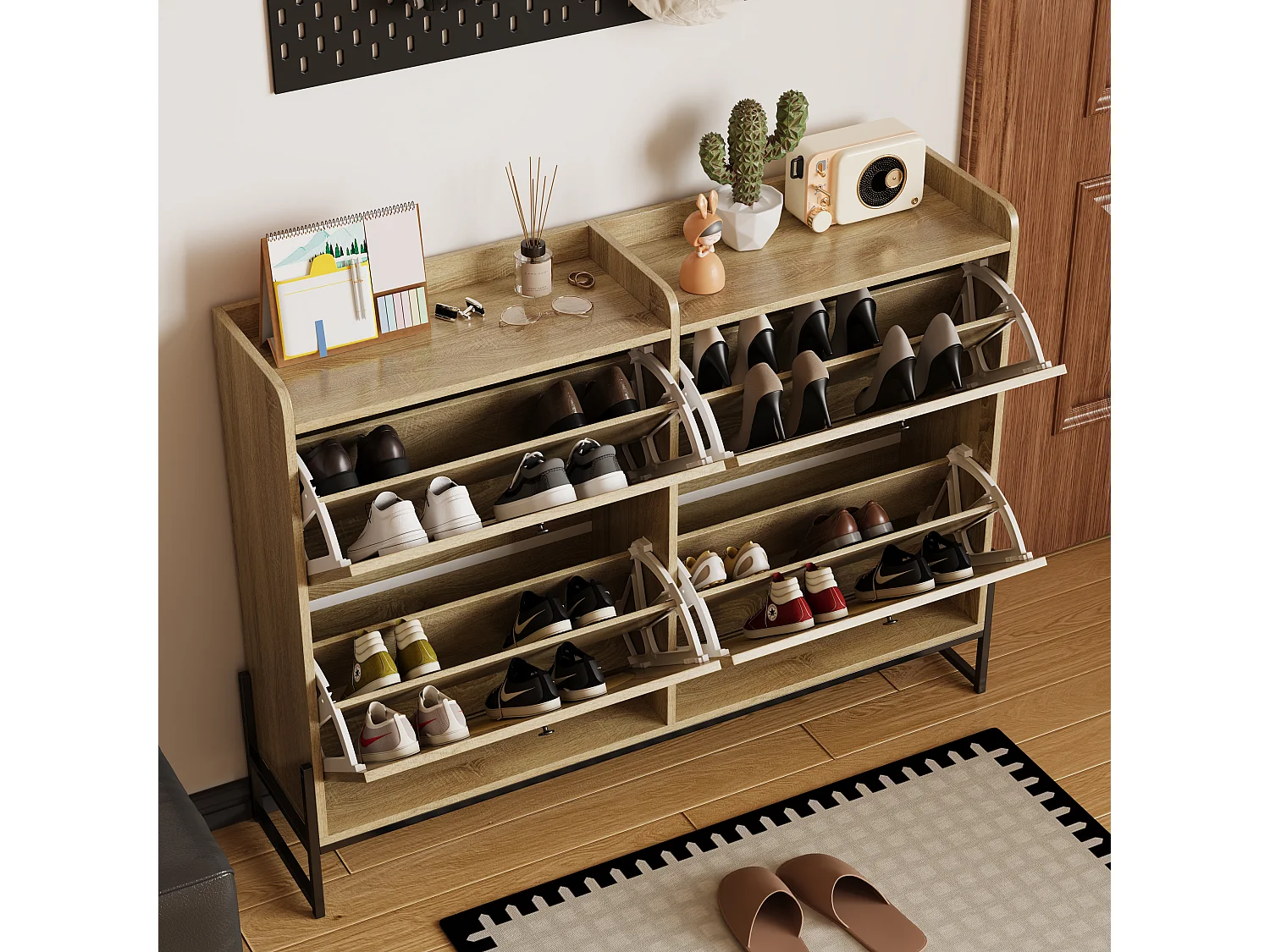 Schuhschrank 121×25×91,5 cm - mit 4 Rattan-Klapptüren - Spanplatte - natur