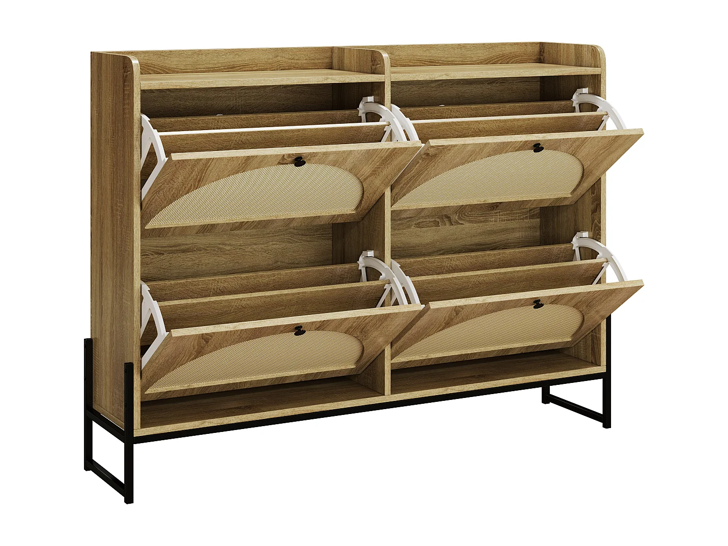 Schuhschrank 121×25×91,5 cm - mit 4 Rattan-Klapptüren - Spanplatte - natur