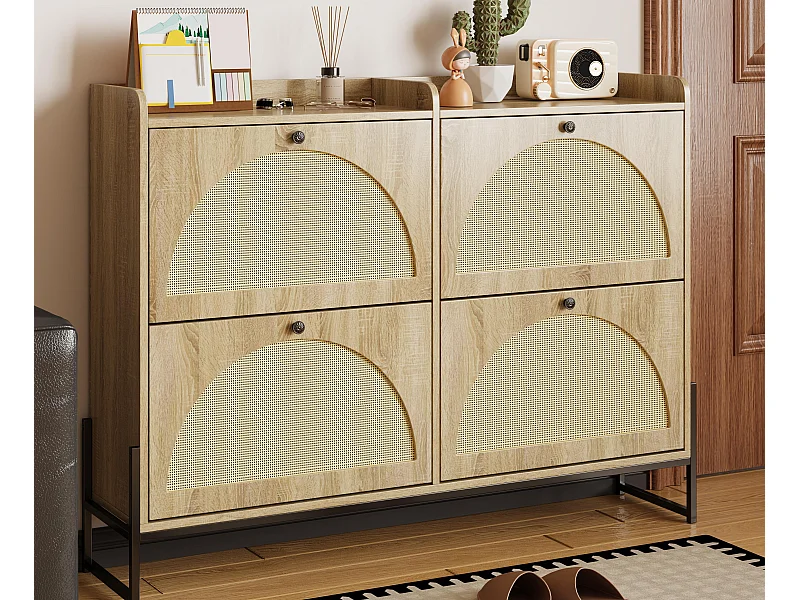 Meuble à chaussures 121x25x91,5cm - avec 4 portes abattantes - portes en rotin - panneaux de particules - naturel