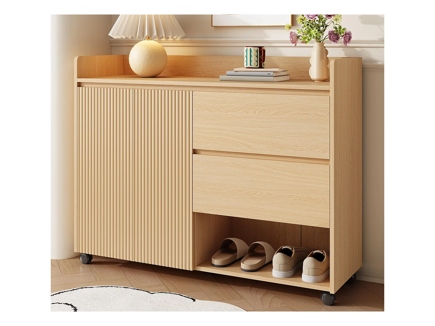 Meuble à chaussures mobile 110x35x86cm - avec roulettes pivotantes - 2 portes et 2 tiroirs - étagères réglables - MDF - naturel