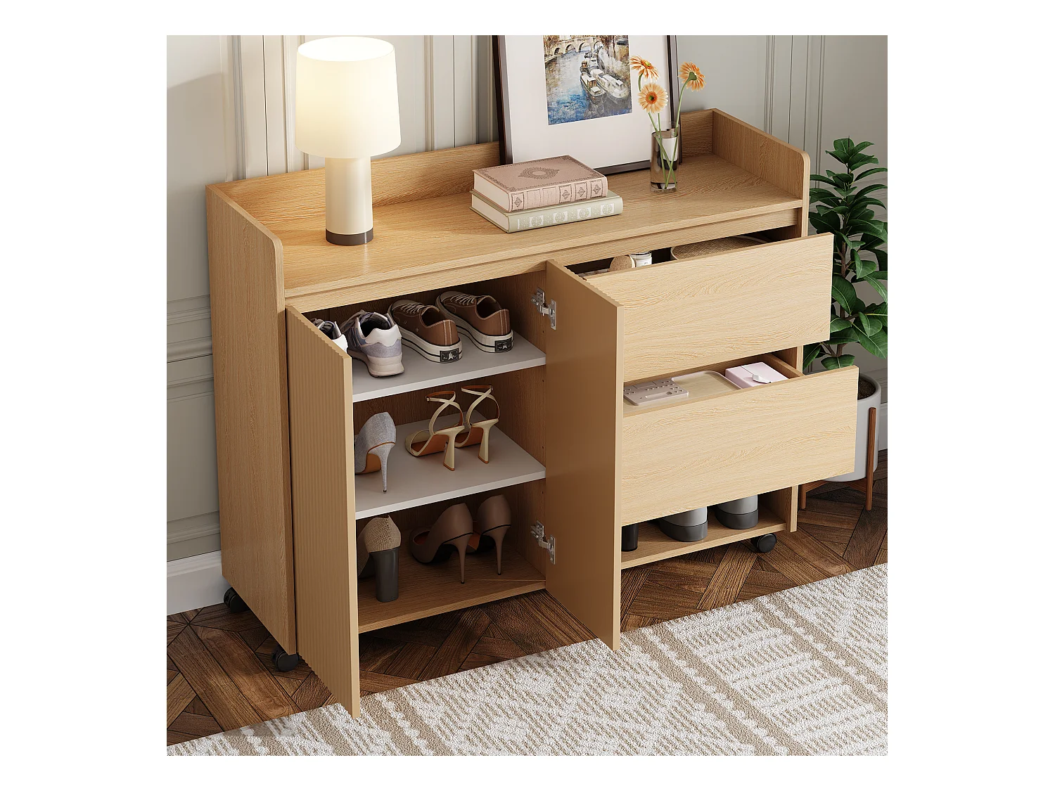 Meuble à chaussures mobile 110x35x86cm - avec roulettes pivotantes - 2 portes et 2 tiroirs - étagères réglables - MDF - naturel