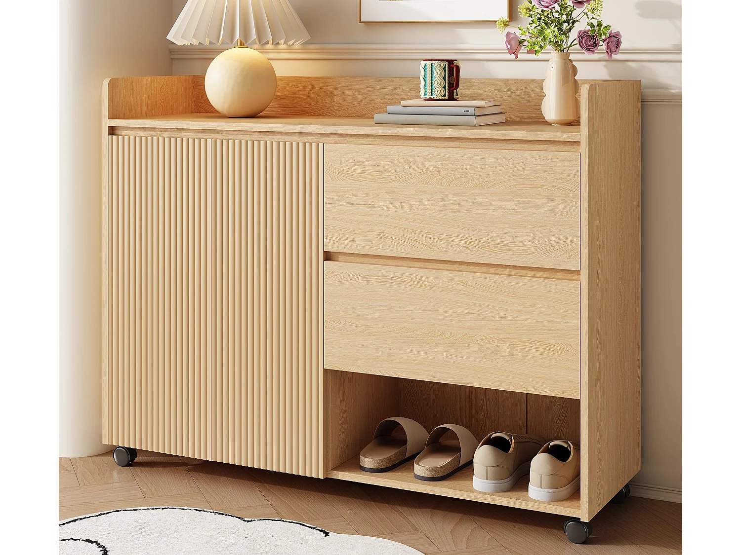 Verrijdbare schoenenkast 110×35×86 cm - met draaibare wieltjes - 2 deuren en 2 laden - verstelbare planken - MDF - naturel