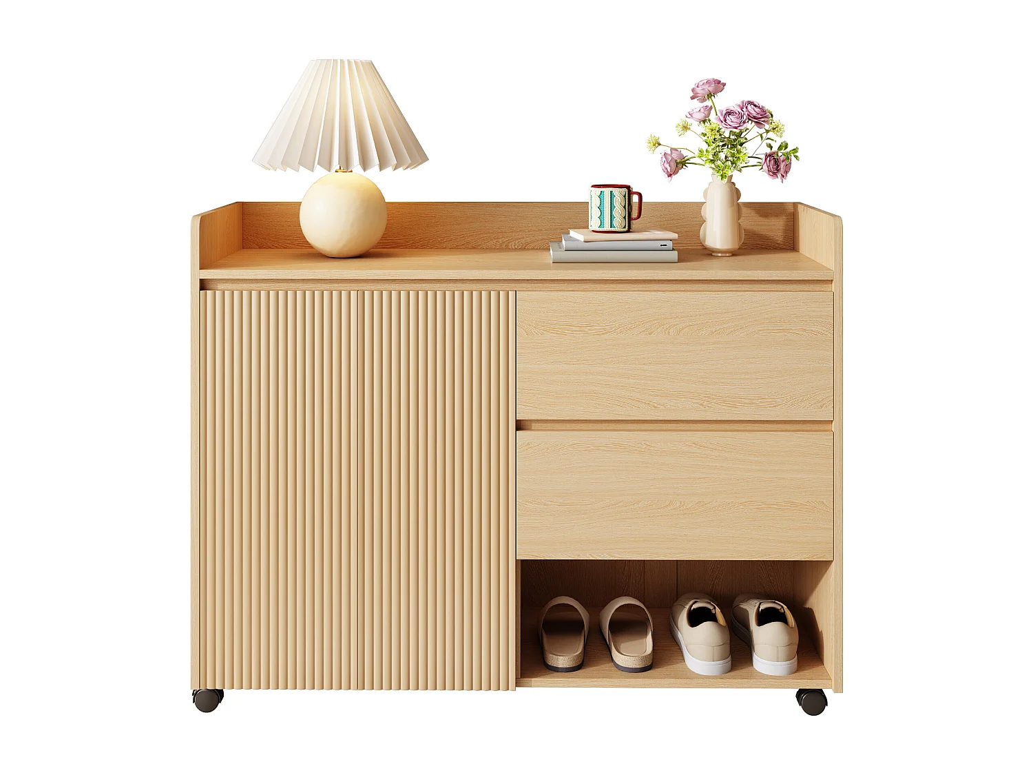 Verrijdbare schoenenkast 110×35×86 cm - met draaibare wieltjes - 2 deuren en 2 laden - verstelbare planken - MDF - naturel