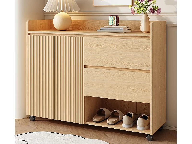 Verrijdbare schoenenkast 110×35×86 cm - met draaibare wieltjes - 2 deuren en 2 laden - verstelbare planken - MDF - naturel