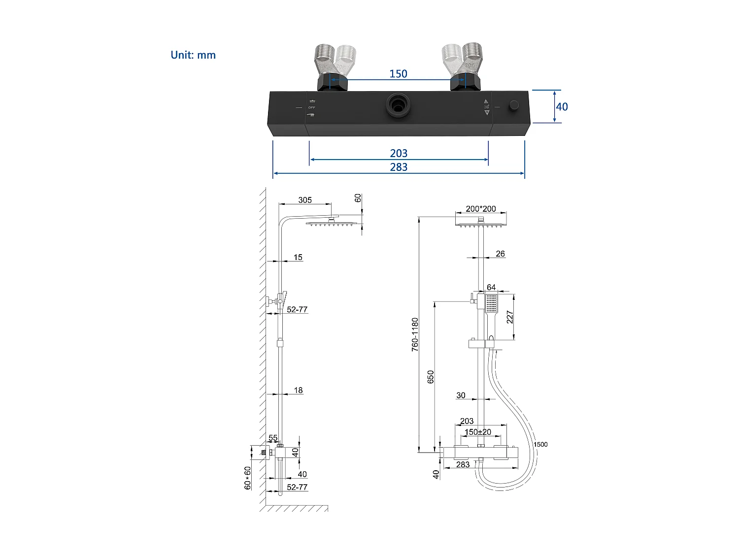 Colonne de Douche AICA avec Mitigeur Thermostatique 38 °C Laiton & Inox
