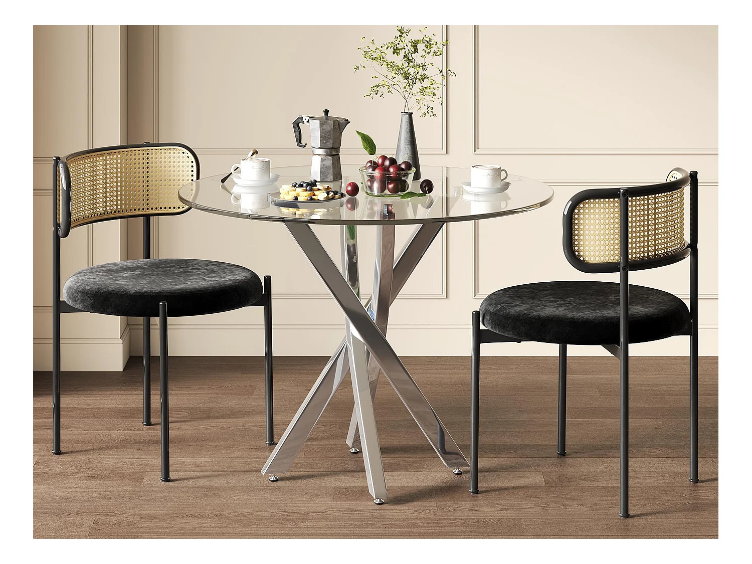 Table à manger ronde 80x80x75 cm - plateau en verre trempé - pieds galvanisés - argent