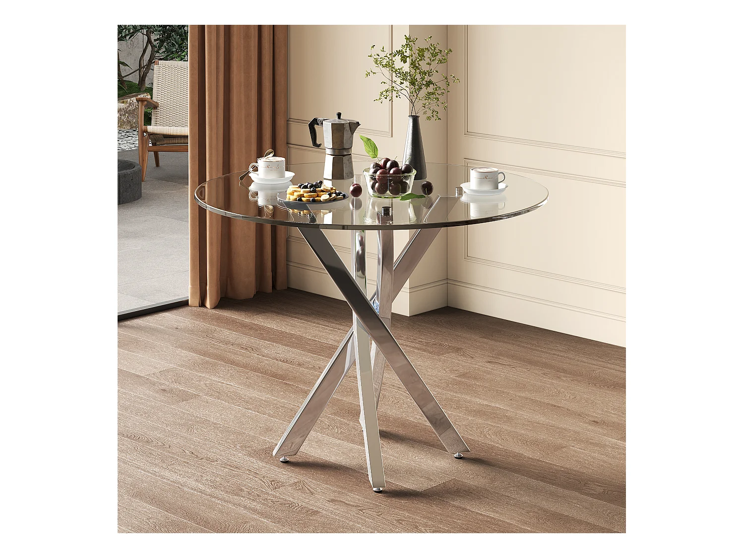 Table à manger ronde 80x80x75 cm - plateau en verre trempé - pieds galvanisés - argent