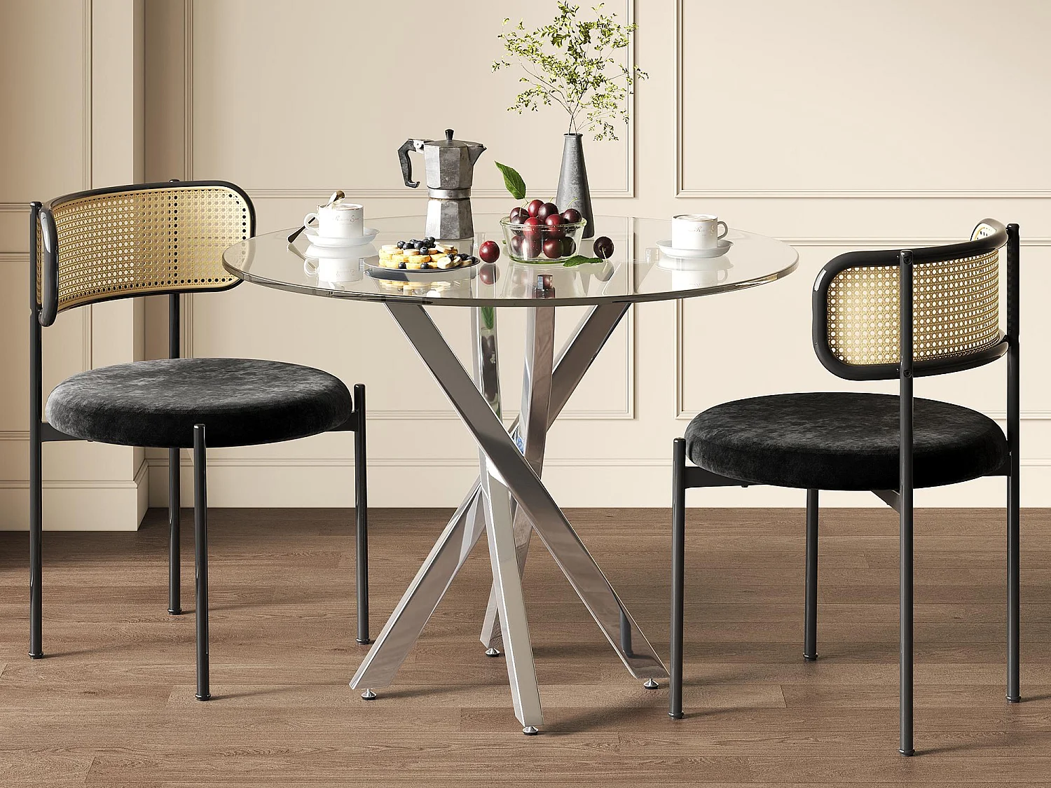 Table à manger ronde 80x80x75 cm - plateau en verre trempé - pieds galvanisés - argent