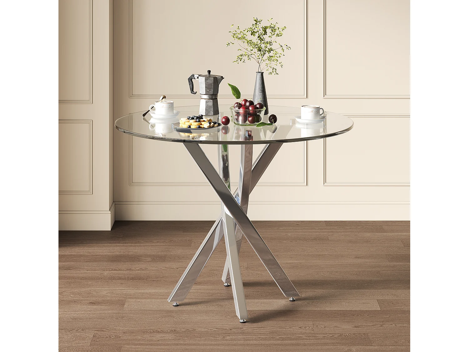 Table à manger ronde 80x80x75 cm - plateau en verre trempé - pieds galvanisés - argent