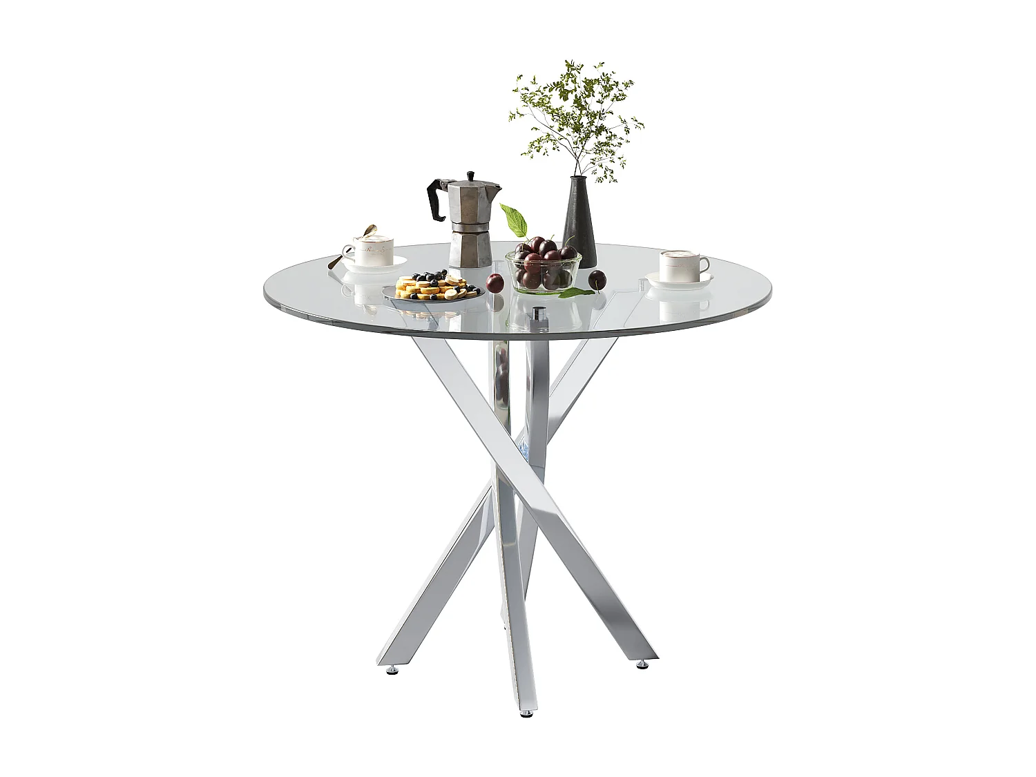Table à manger ronde 80x80x75 cm - plateau en verre trempé - pieds galvanisés - argent