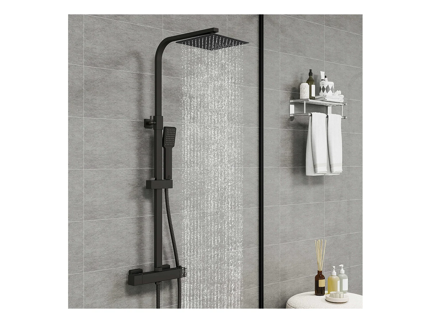 AICA Colonne de douche thermostatique, Système de douche thermostatique 38 °C, Réglable en hauteur pour salle de bain, Noir