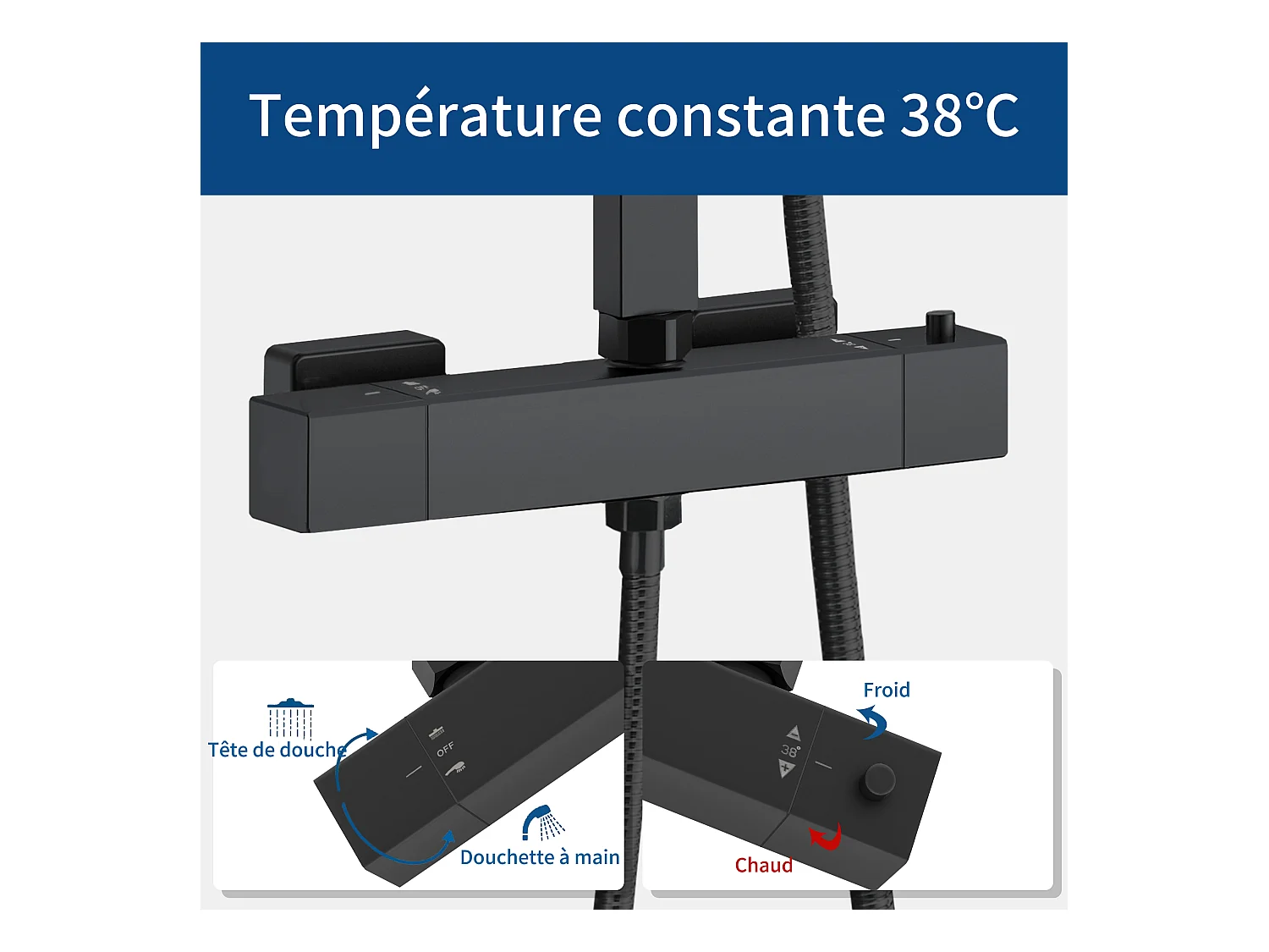 AICA Colonne de douche thermostatique, Système de douche thermostatique 38 °C, Réglable en hauteur pour salle de bain, Noir