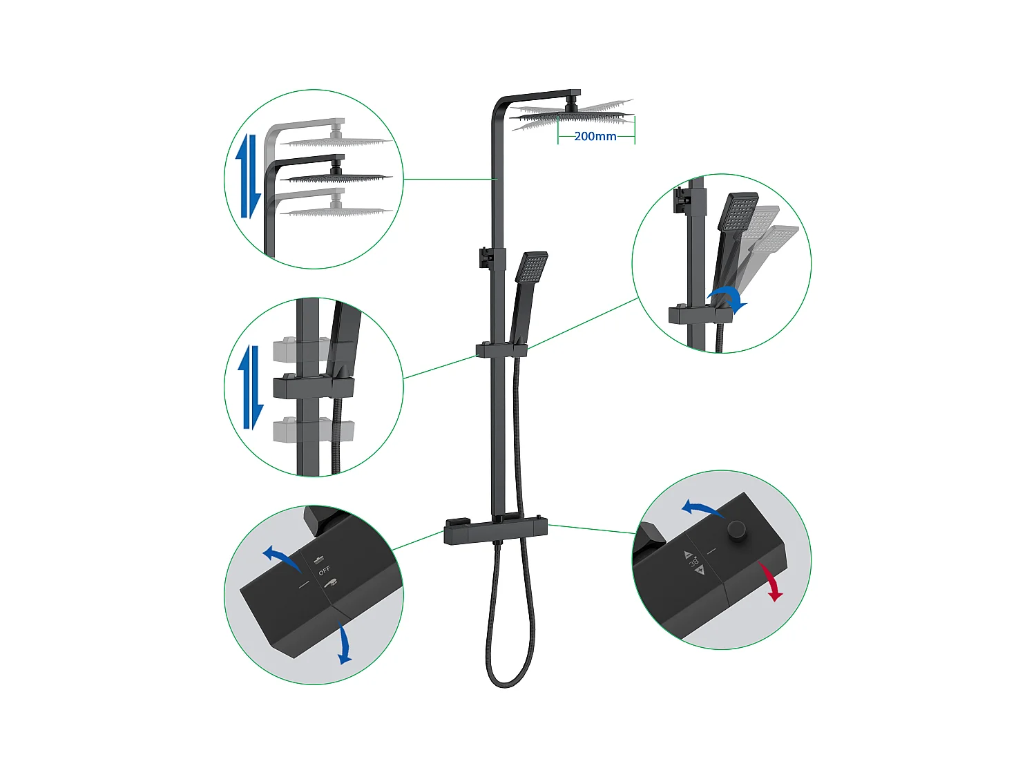 AICA Colonne de douche thermostatique, Système de douche thermostatique 38 °C, Réglable en hauteur pour salle de bain, Noir