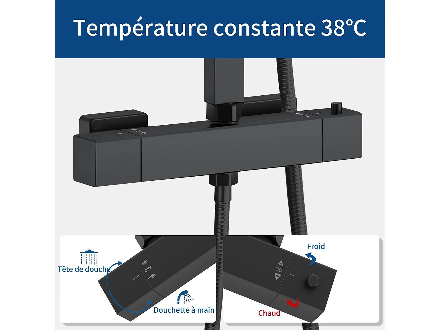 AICA Colonne de douche thermostatique, Système de douche thermostatique 38 °C, Réglable en hauteur pour salle de bain, Noir