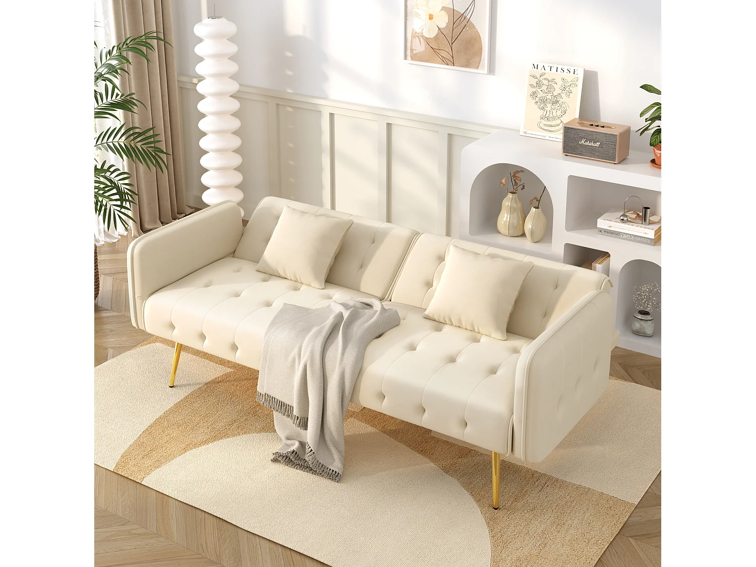 Sofá multifunción de 2 plazas - Respaldo ajustable - Reposabrazos ajustables - Terciopelo - ​​Beige​