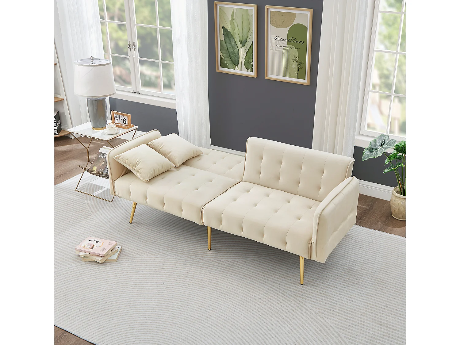 Sofá multifunción de 2 plazas - Respaldo ajustable - Reposabrazos ajustables - Terciopelo - ​​Beige​