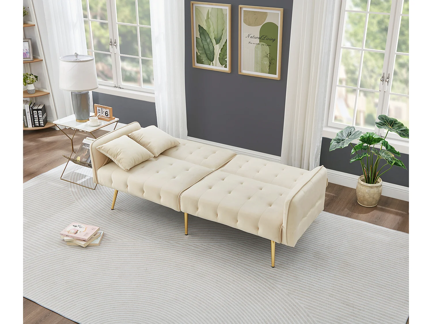 Sofá multifunción de 2 plazas - Respaldo ajustable - Reposabrazos ajustables - Terciopelo - ​​Beige​