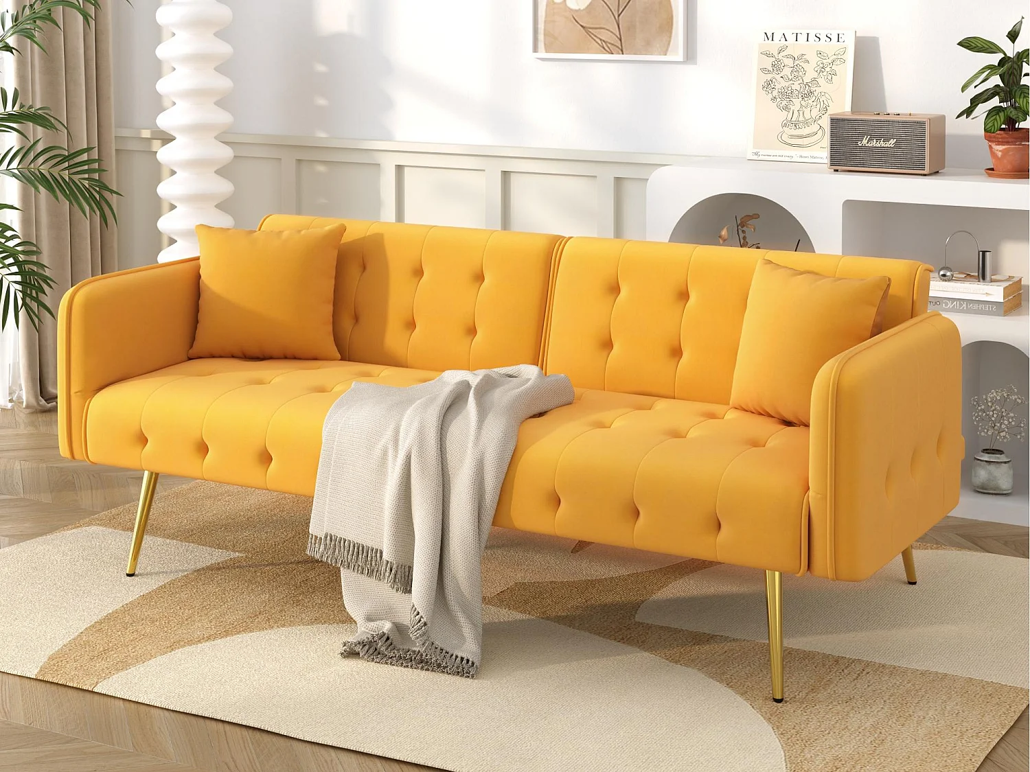 Wielofunkcyjna kanapa 2-osobowa - regulowane oparcie - regulowane podłokietniki - Welur - Żółty
