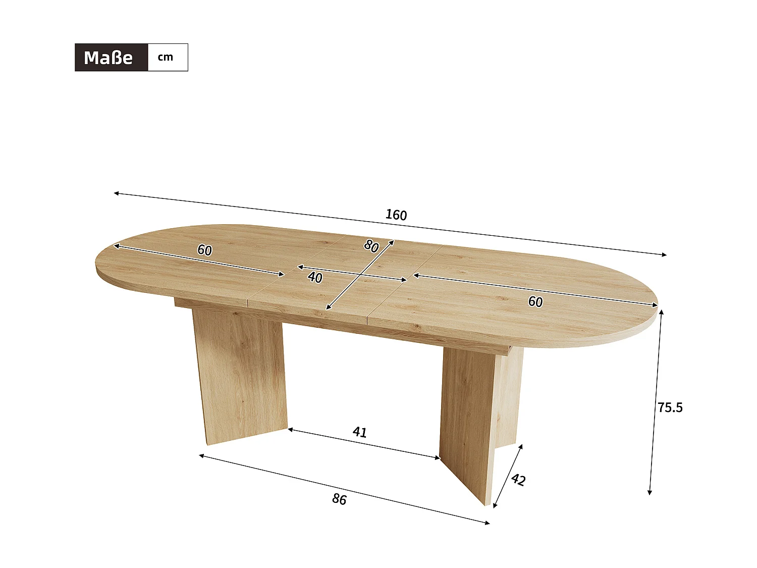 Table à manger extensible 120-160x80x75.5 cm - pour 4-6 personnes - coins arrondis - plateau épais - MDF - naturel