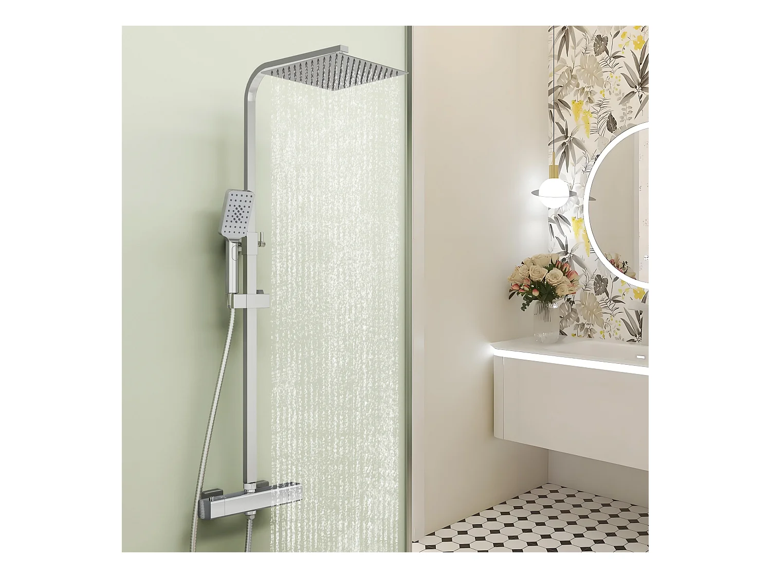 AICA Colonne de Douche Thermostaique 38 °C Ensemble de douche avec Tête de Douche 25 x 25 cm Douchette 3 Jets Hauteur Réglable- Carrrée