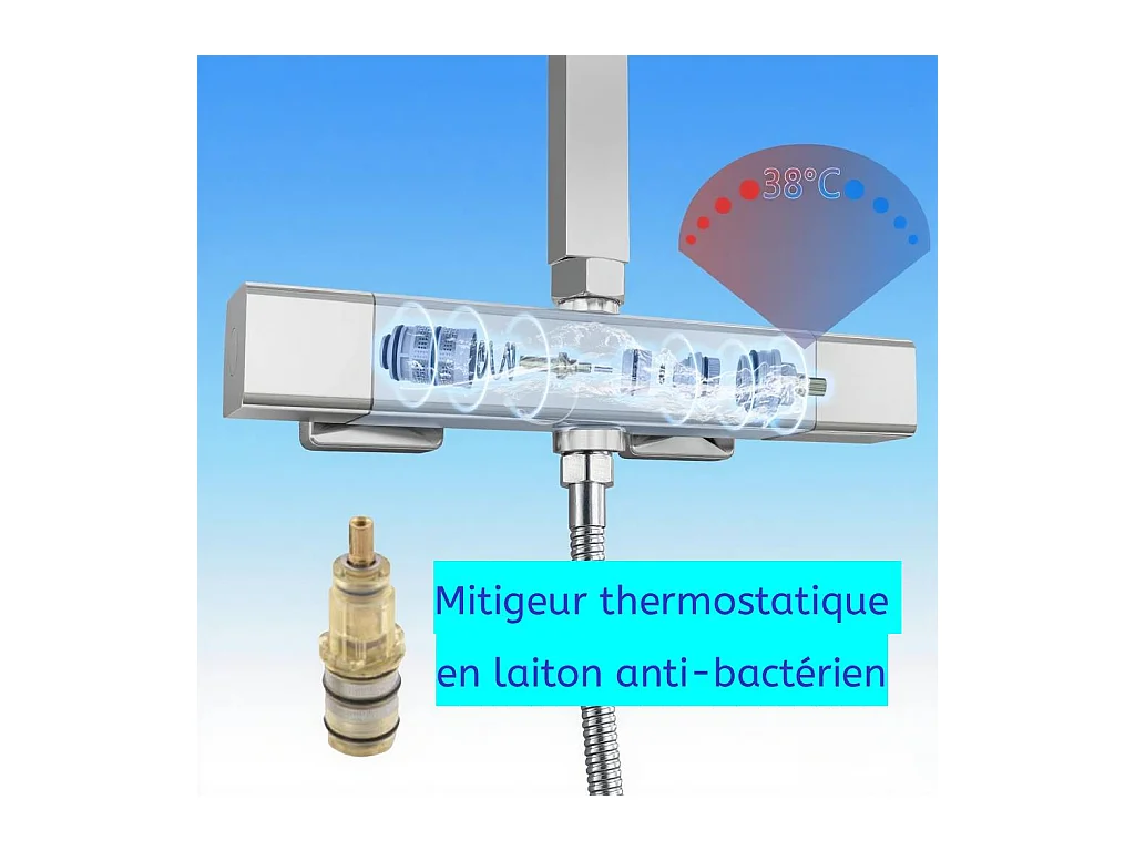 AICA Colonne de Douche Thermostaique 38 °C Ensemble de douche avec Tête de Douche 25 x 25 cm Douchette 3 Jets Hauteur Réglable- Carrrée