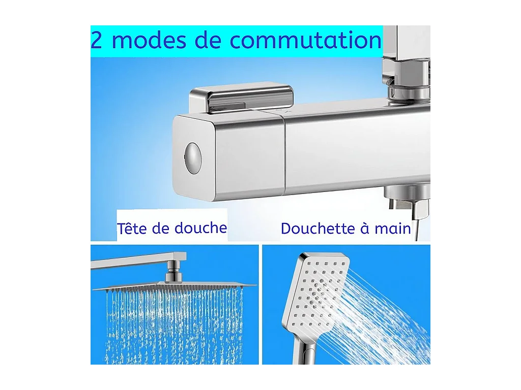 AICA Colonne de Douche Thermostaique 38 °C Ensemble de douche avec Tête de Douche 25 x 25 cm Douchette 3 Jets Hauteur Réglable- Carrrée