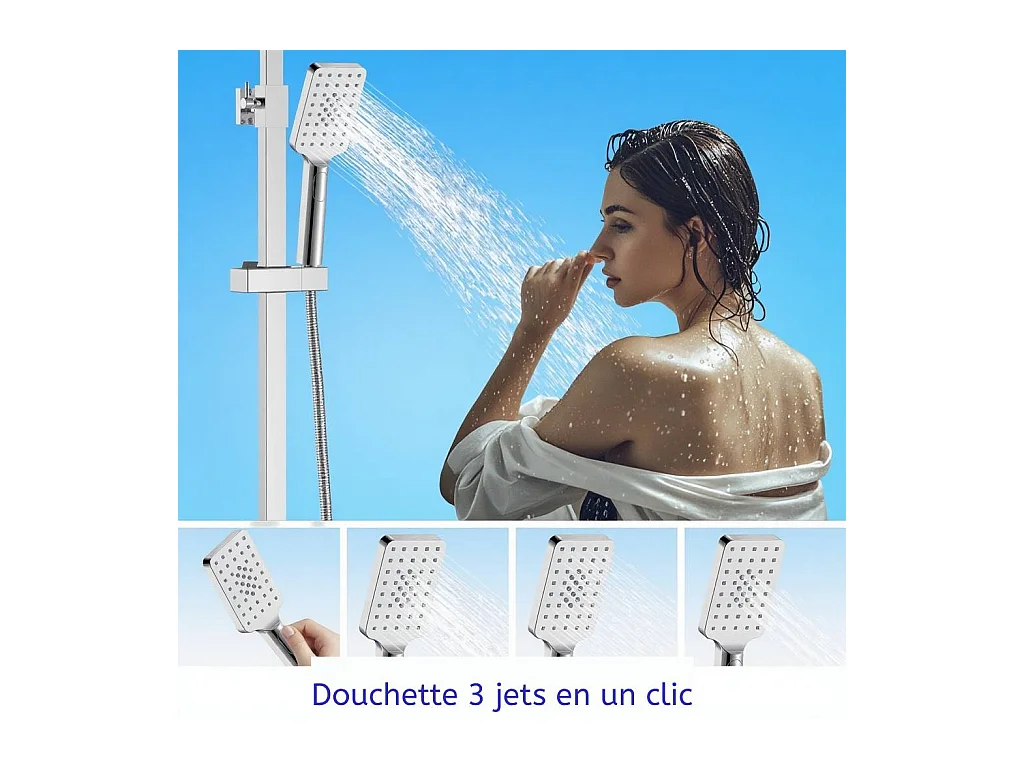 AICA Colonne de Douche Thermostaique 38 °C Ensemble de douche avec Tête de Douche 25 x 25 cm Douchette 3 Jets Hauteur Réglable- Carrrée