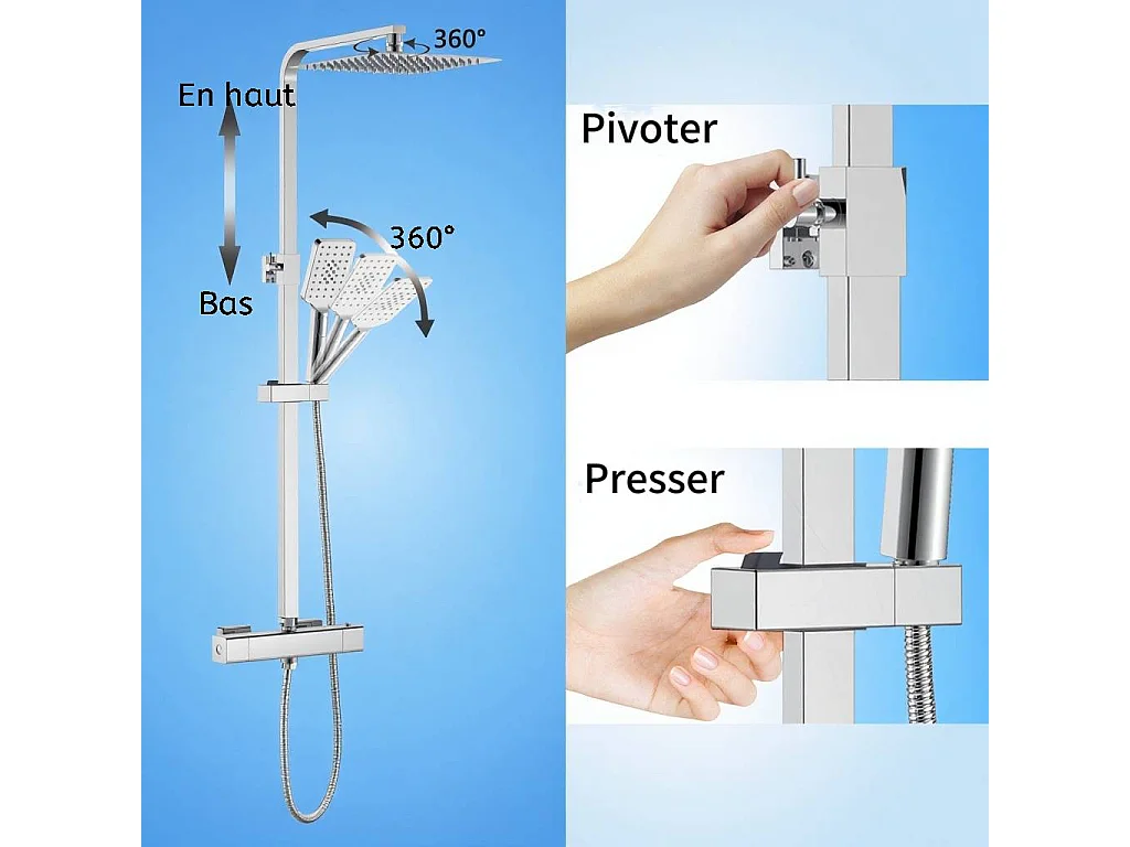 AICA Colonne de Douche Thermostaique 38 °C Ensemble de douche avec Tête de Douche 25 x 25 cm Douchette 3 Jets Hauteur Réglable- Carrrée