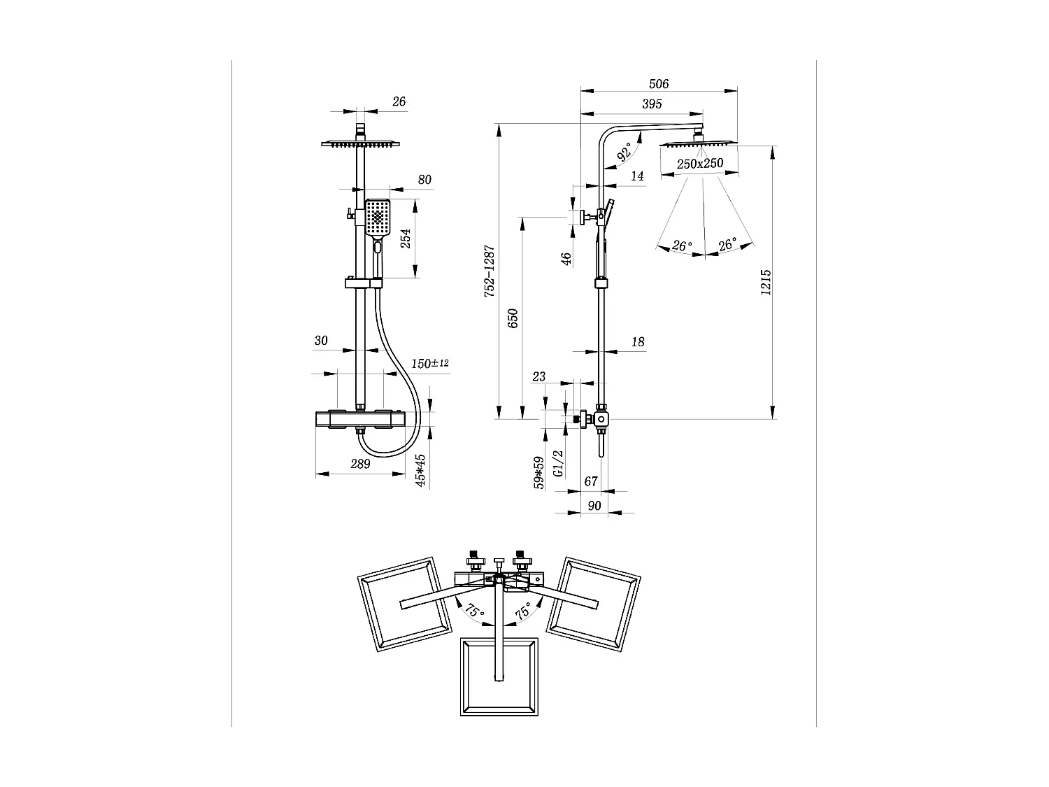AICA Colonne de Douche Thermostaique 38 °C Ensemble de douche avec Tête de Douche 25 x 25 cm Douchette 3 Jets Hauteur Réglable- Carrrée
