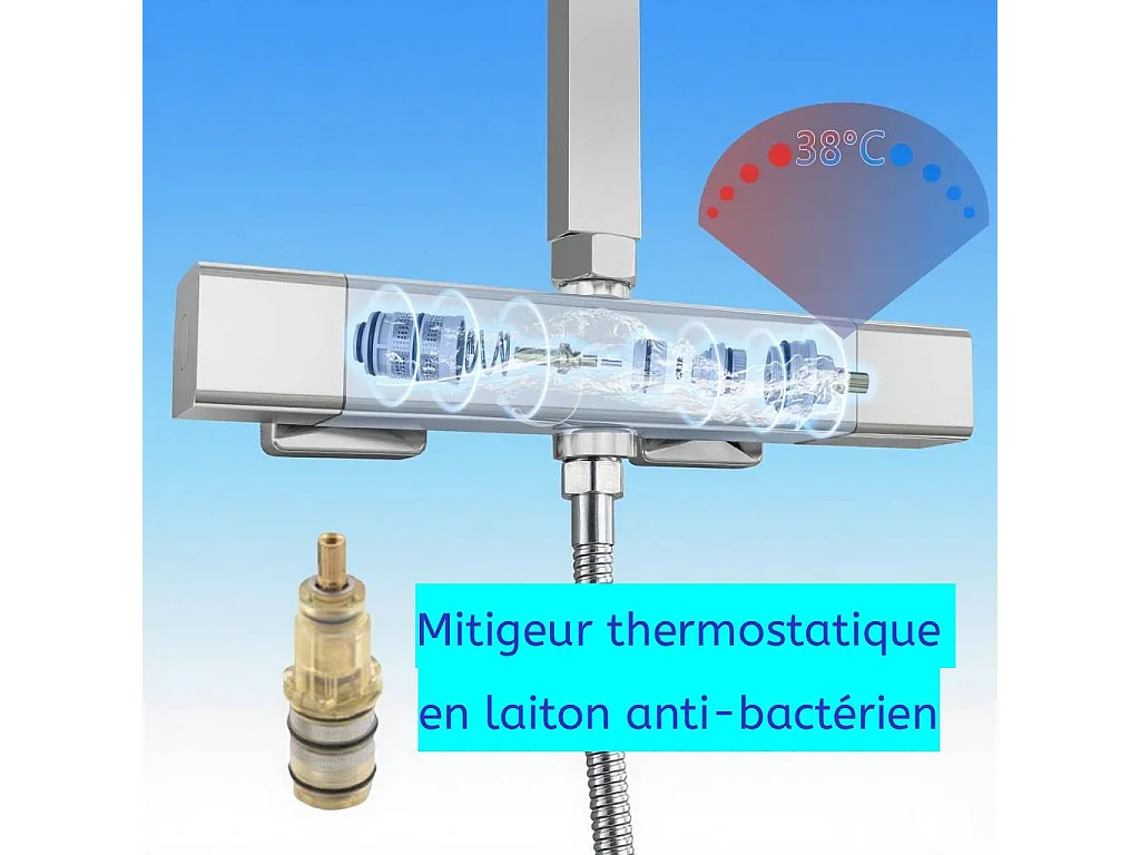 AICA Colonne de Douche Thermostaique 38 °C Ensemble de douche avec Tête de Douche 25 x 25 cm Douchette 3 Jets Hauteur Réglable- Carrrée